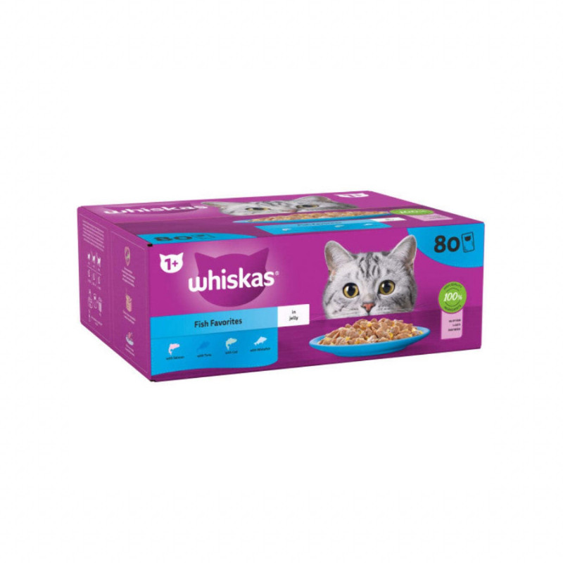  Whiskas 1+ Fish Favorites Adult Wet Cat Food Pouches in Gravy- 80 x 85g