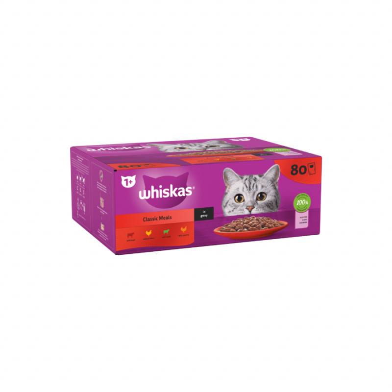  Whiskas 1+ Classic Meals Adult Wet Cat Food Pouches in Gravy- 80 x 85g