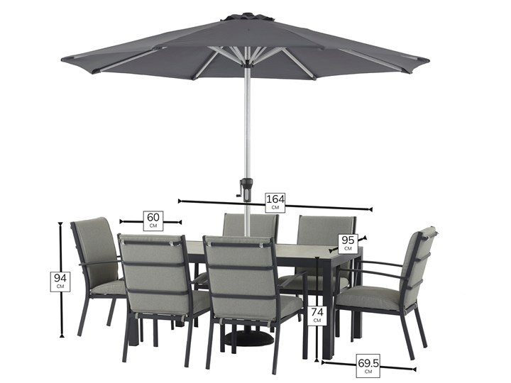 Seville 6 Seat Rectangle Dining Set with Valencia Armchairs, Parasol & Base photo