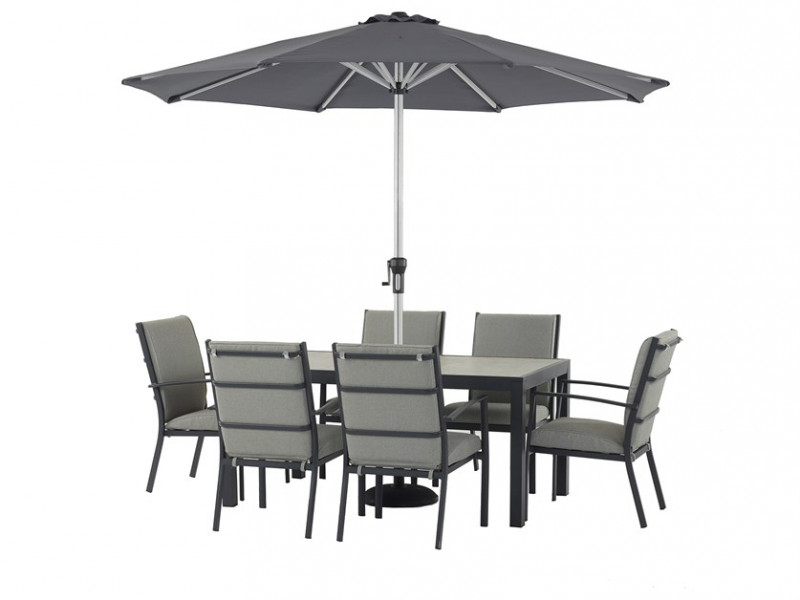 Seville 6 Seat Rectangle Dining Set with Valencia Armchairs, Parasol & Base photo