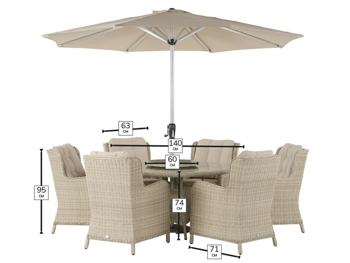 Chedworth Sandstone Rattan 6 Seat Round Dining Set with Lazy Susan, Parasol & Base photo