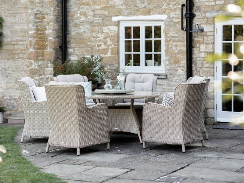 Chedworth Sandstone Rattan 6 Seat Round Dining Set with Lazy Susan, Parasol & Base photo